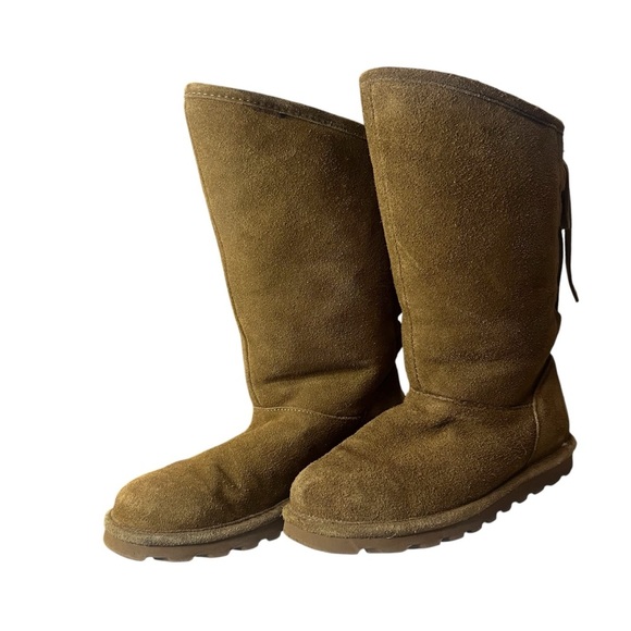 BEARPAW Tan Boots Mid Calf Boots Hickory Leather size 8 Women Boots Tied Back - Picture 4 of 6